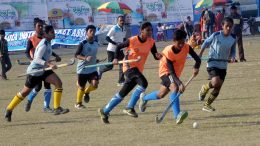 Matangini Ekota (Blue jersey) girls playing against Nivedita XI (Orange jersey)