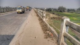The gap in the damaged concrete railing of the Dwijendra NH-bridge over river Jalangi in Krishnanagar