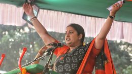 Union Textiles Minister Smriti Irani speaking at a BJP rally in Krishnanagar Sandhyamathpara on Thursday.