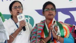 Mamata Banerjee introducing party candidate Rupali Biswas
