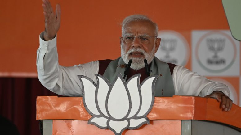 Prime Minister Narendra Modi speaking in Krishnanagar on Thursday. Picture by Babu Ghosh